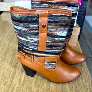 Francesca's Collections Tan and Brown Heeled Boots with Chunky Heel